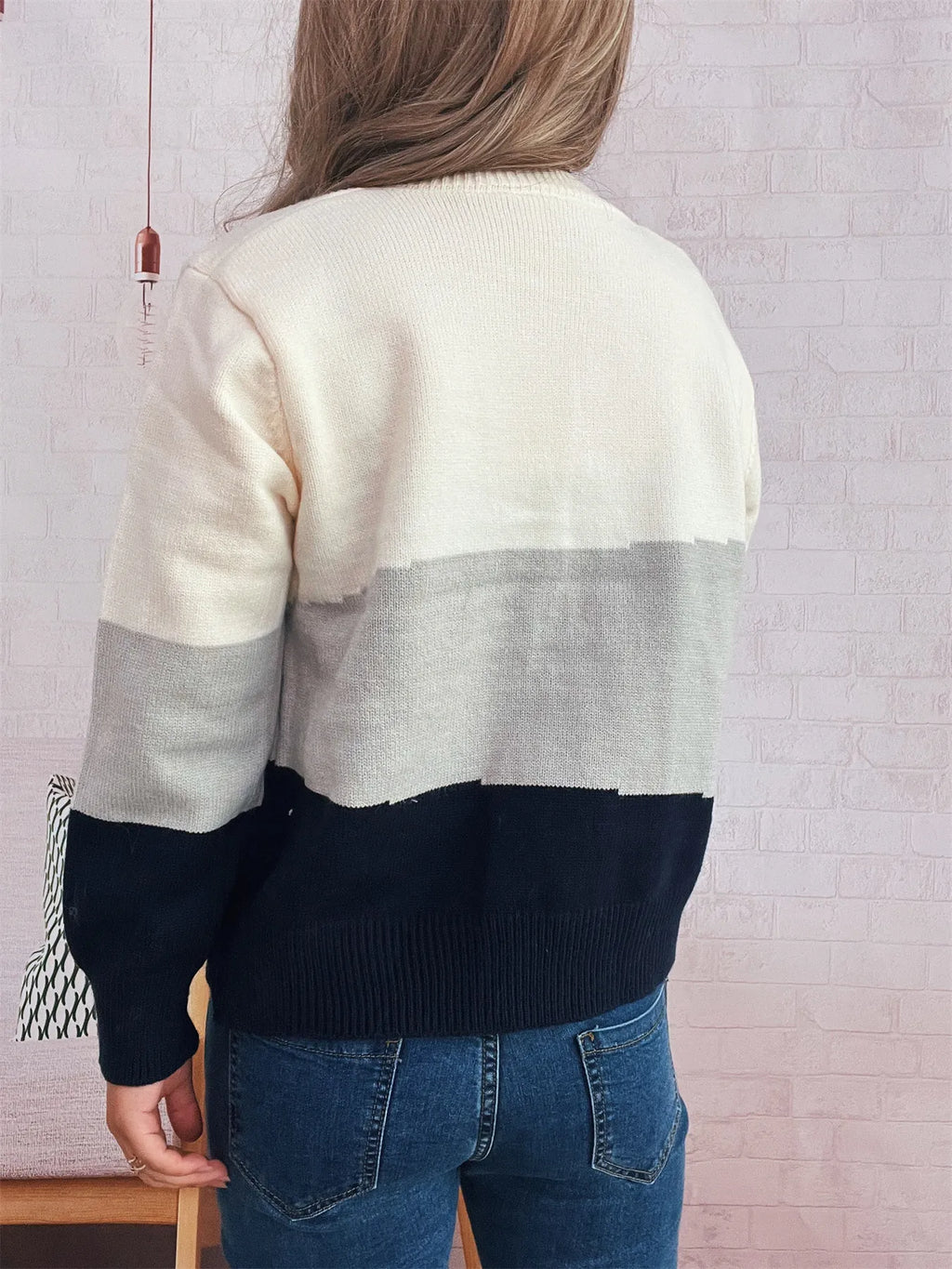 Women's Cardigan Color Block Stripe Button-Up Knit Round Neck Sweater 3418b7fbb7e44fe58ffb00b3f8a31b4a-Max-Origin Trendsi