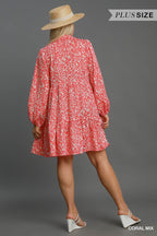 Umgee Mini Dress Coral Mix Two Tone Print Balloon Sleeve Tiered 3419628a-3150-4dc7-aea1-752f5b0a9a79-Max Trendsi