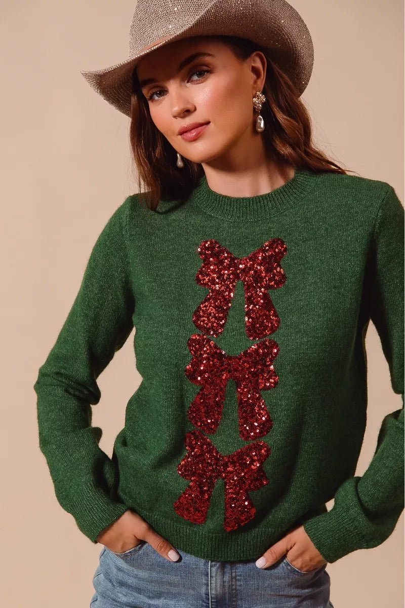 SO ME Sequins Bow Ribbon Embellished Christmas Sweater 341bd444d4234772a19a29405b386c91-Max-Origin Trendsi