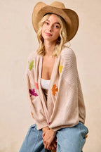 BiBi Knit Cardigan Womens Oatmeal Two Tone with Leaf Patches Open 341c7bb4576b4ccf8fac6f94ccfea439-Max-Origin Trendsi