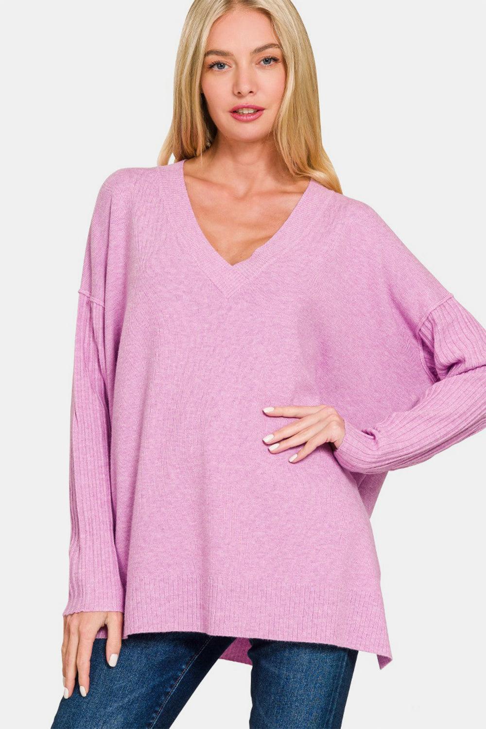 Zenana Sweater V-Neck Side Slit High-Low Loose Knitwear Long Sleeve H Mauve 34216a90-5b67-4319-930c-45dbd9a152a8-Max Trendsi