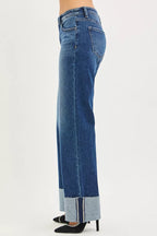 RISEN Womens Wide Straight Jeans Mid Rise With Wide Cuff Dark Wash 34246e1e008746c997bf220346adb6fe-Max-Origin Trendsi