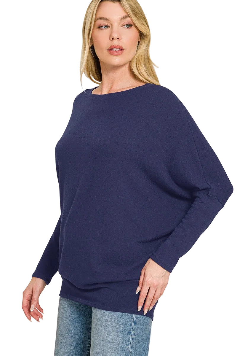 Zenana Soft Knit Dolman Sleeve Boat Neck Top