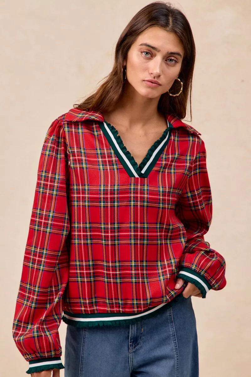 BiBi Christmas Womens Blouse Red Plaid Collared Top with Ruffled Detail 3425c18666a244b5aaafec3ee80a6c1d-Max-Origin Trendsi