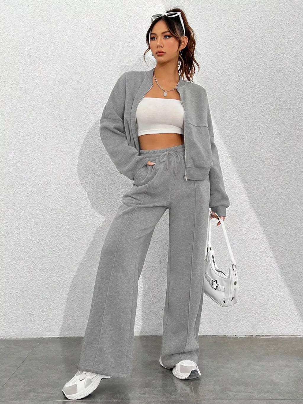 Womens Outfit Set Casual Solid Color Zipper Jacket and Wide Leg Pants 342b506296a54cca83c91ceeaa6548b2-Max-Origin Trendsi
