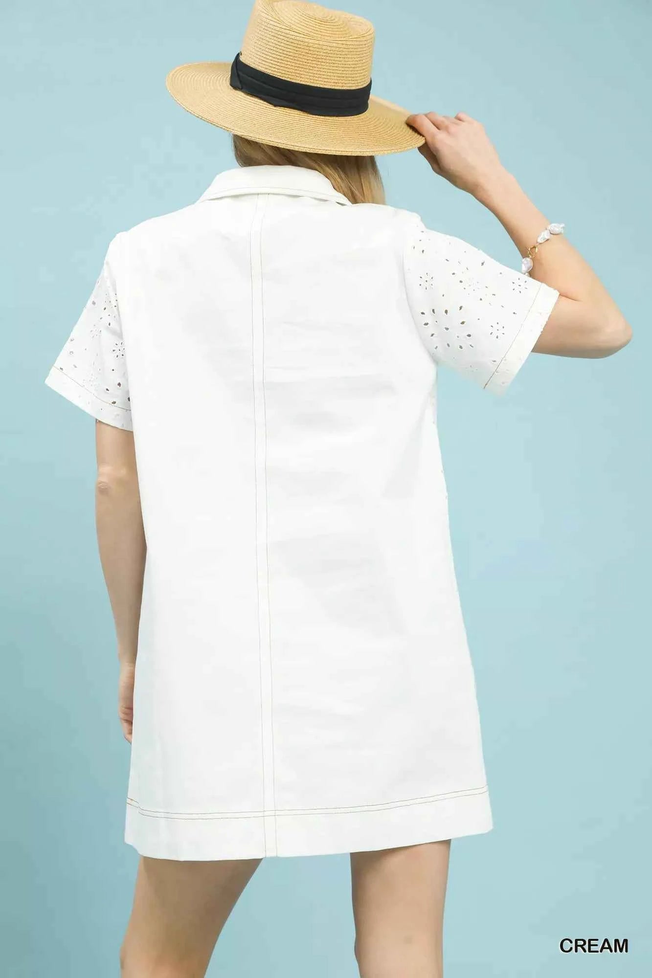 Umgee Shift Mini Dress Cream Eyelet Cotton Short Sleeve with Pocket 342c1bfa-0762-4b9b-8781-16b9a355e423-Max-Origin Trendsi