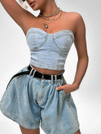 Women's Denim Set Sweetheart Neck Tube Top and Shorts Two-piece Light Blue 3433aaca8f9241b6a144c443ed52536c-Max-Origin Trendsi