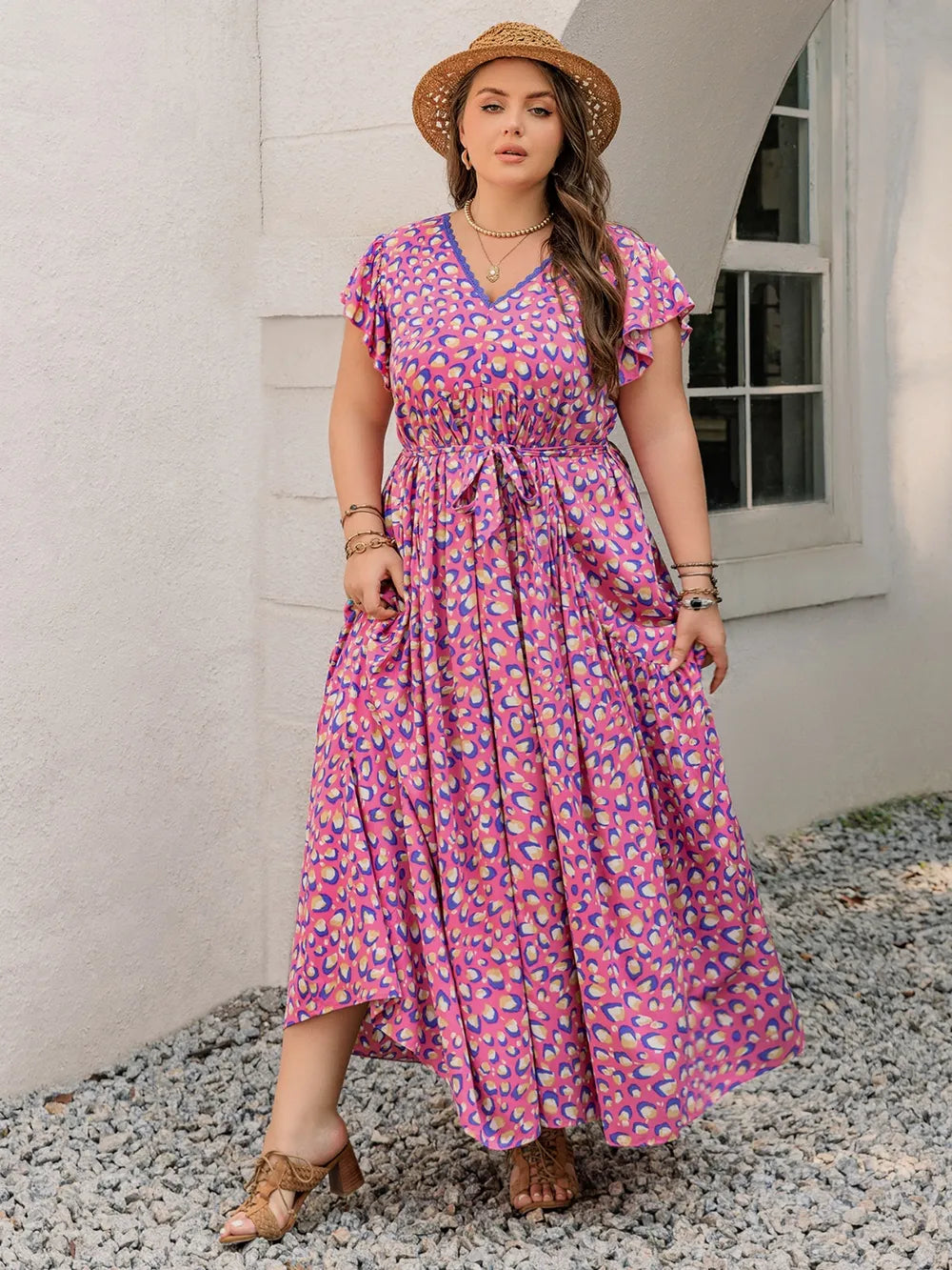 Plus Size Printed V-Neck Flutter Sleeve Tie-Waist Maxi Dress