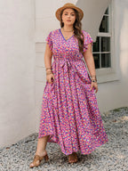 Plus Size Printed V-Neck Flutter Sleeve Tie-Waist Maxi Dress