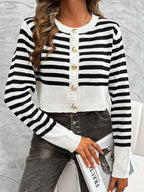 Devine Striped Cropped Cardigan Round Neck Button Down Long Sleeve 344689c5-35d8-4152-aa08-ba4328cd3807-Max Trendsi