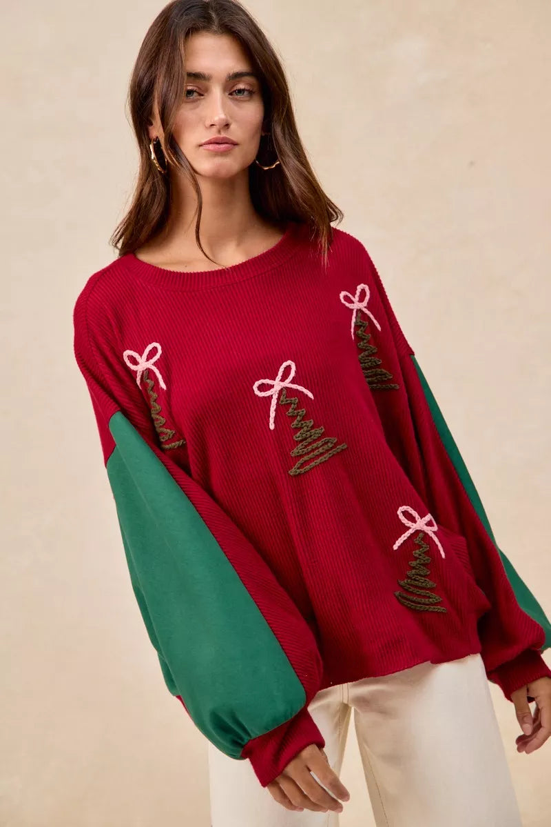 BiBi Womens Sweater Christmas Theme Tree Embroidered Red Pullover 345288cb05734ac191fe87103bdb28a8-Max-Origin Trendsi