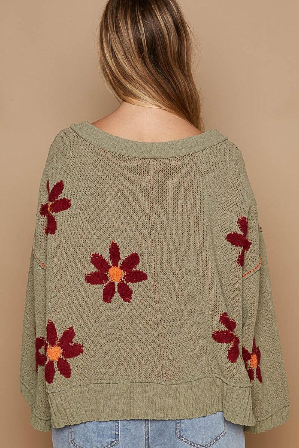 POL Sweater V-Neck Floral Pattern Chenille Long Sleeve Oversized 345635bd-7ce5-4dcb-9179-4d767a6aaeb7-Max Trendsi