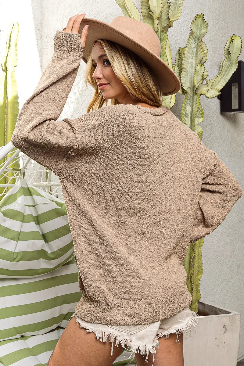 BiBi V-neck Sweater Latte Raw Edged Popcorn Texture Oversized Pullover 34617bc472034970bedfb76b09209861-Max-Origin Trendsi
