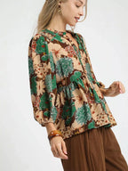 Umgee Women's Blouse Brown Floral Mix Peplum Ruffled with Tie Neck Top 346db70eef2a475e9123bcc210f77ae1-Max-Origin Trendsi