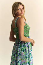 Davi & Dani Midi Dress Multi Green Floral Smocked Bodice Geo Ruffle Strappy 34752c6293b042a7b20a0e5d66e294c5-Max-Origin Trendsi