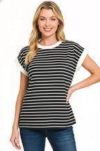 Zenana Women T-shirt Striped Contrast Trim Cap Sleeve Top Tee Plus Sizes 347bc578-065c-43b2-bb47-b811ba6c9775-Max-Origin Trendsi