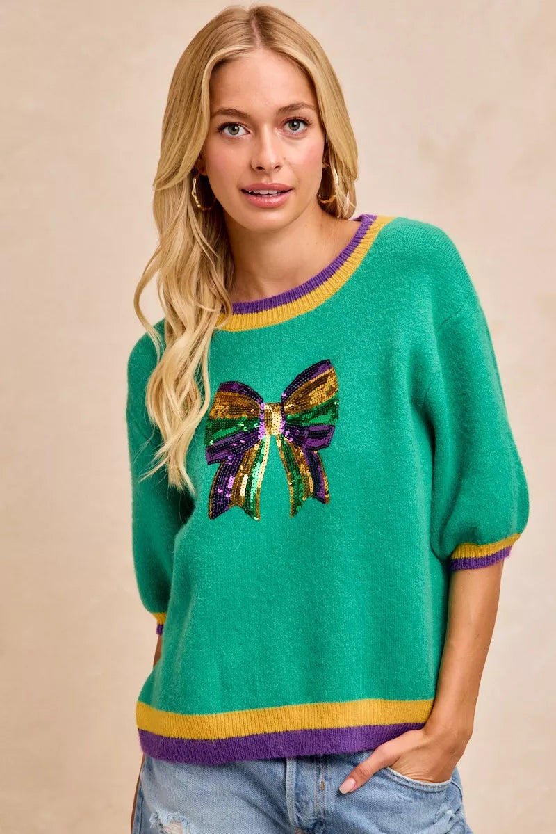 BiBi Sweater Green Mardi Gras Sequin Ribbon Patched Short Sleeve 347db60be34540fe958ebd85a7096fed-Max-Origin Trendsi