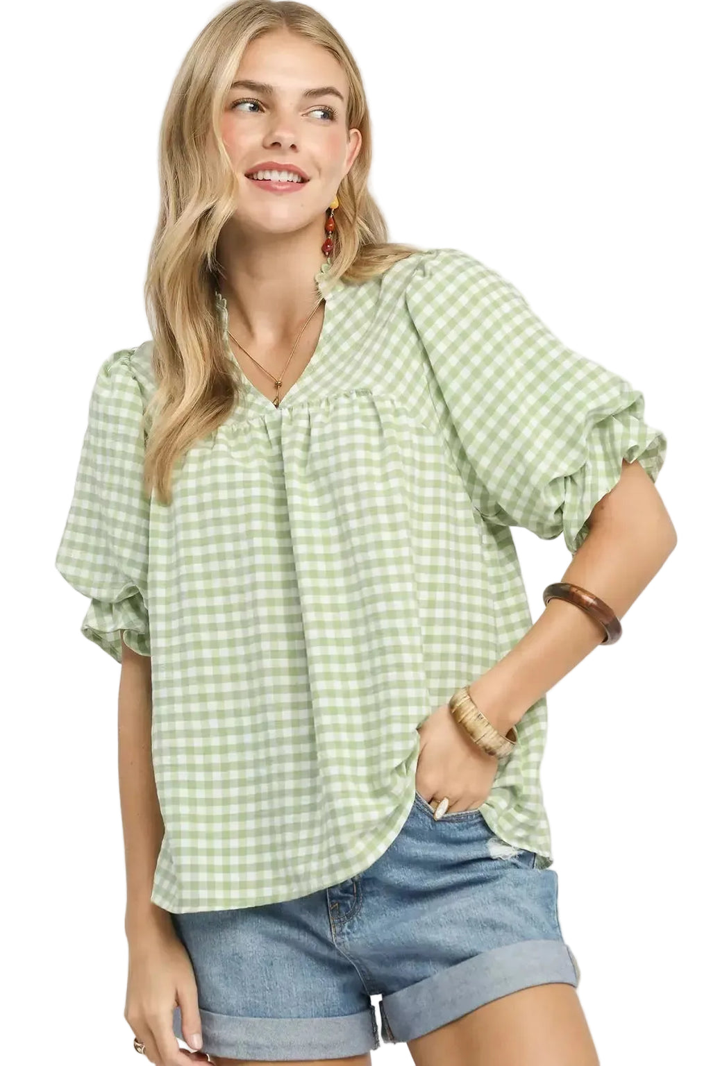 Umgee Gingham Puff Sleeve Babydoll Blouse