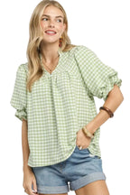 Umgee Gingham Puff Sleeve Babydoll Blouse