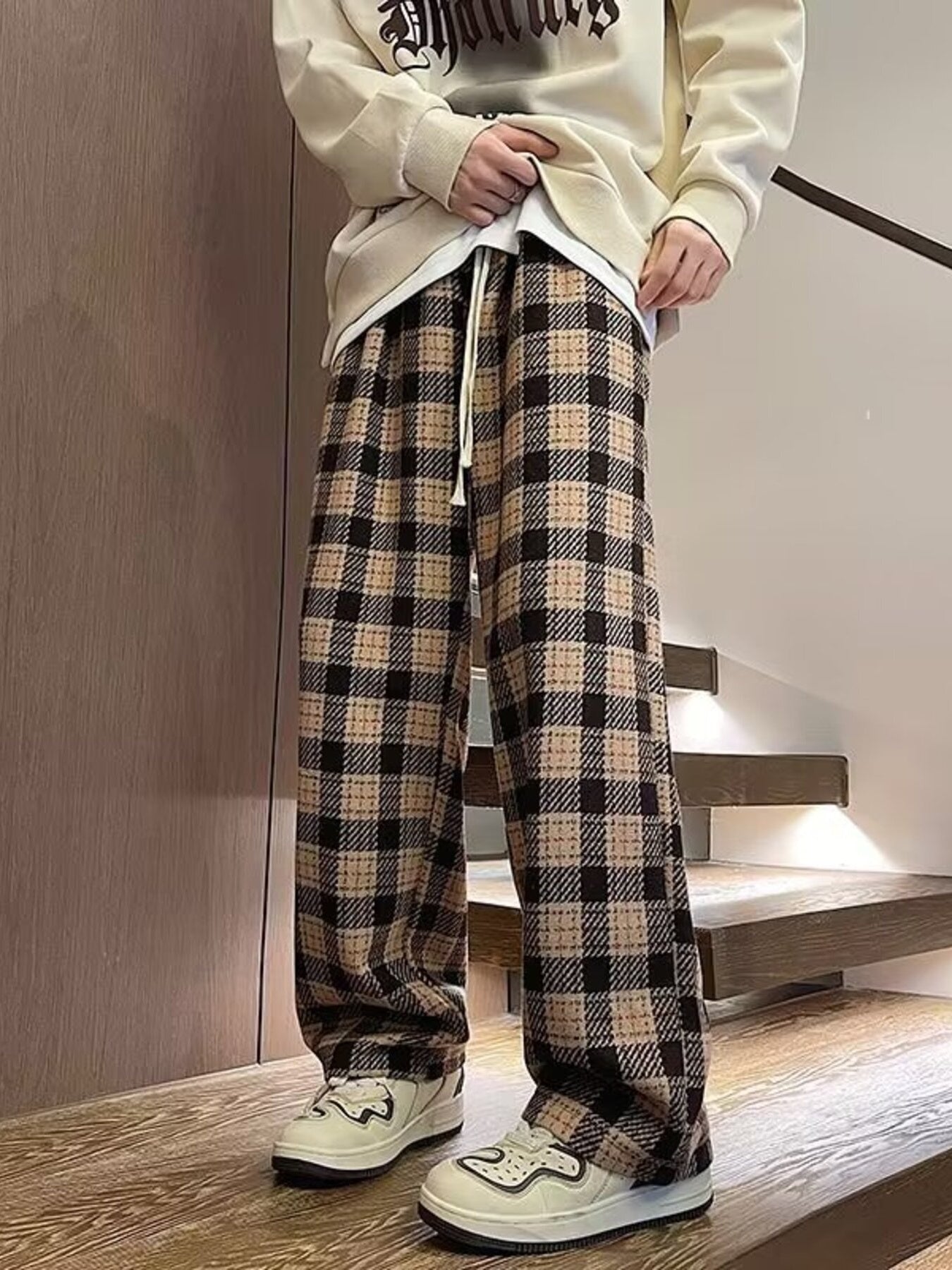 Men's Plus Size Vintage Plaid Wide-Leg Pants with Drawstring and Pockets