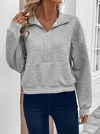 Womens Sweatshirt Textured Gray Half Zip Long Sleeve Top Grey 348e0e3f08714f7da31a1c702092211e-Max-Origin Trendsi