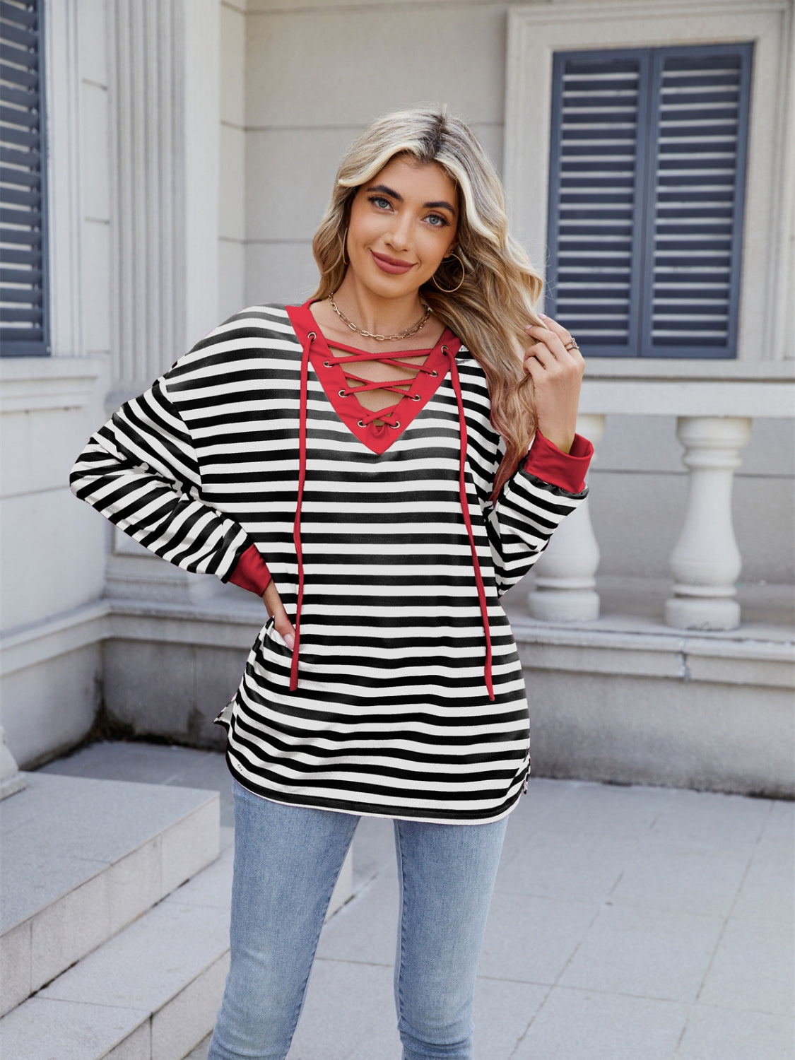 Striped T-Shirt Lace-Up Crisscross V Neck Long Sleeve Blouse Top Black 34914242-898f-44df-a58e-68b88cec7741-Max Trendsi
