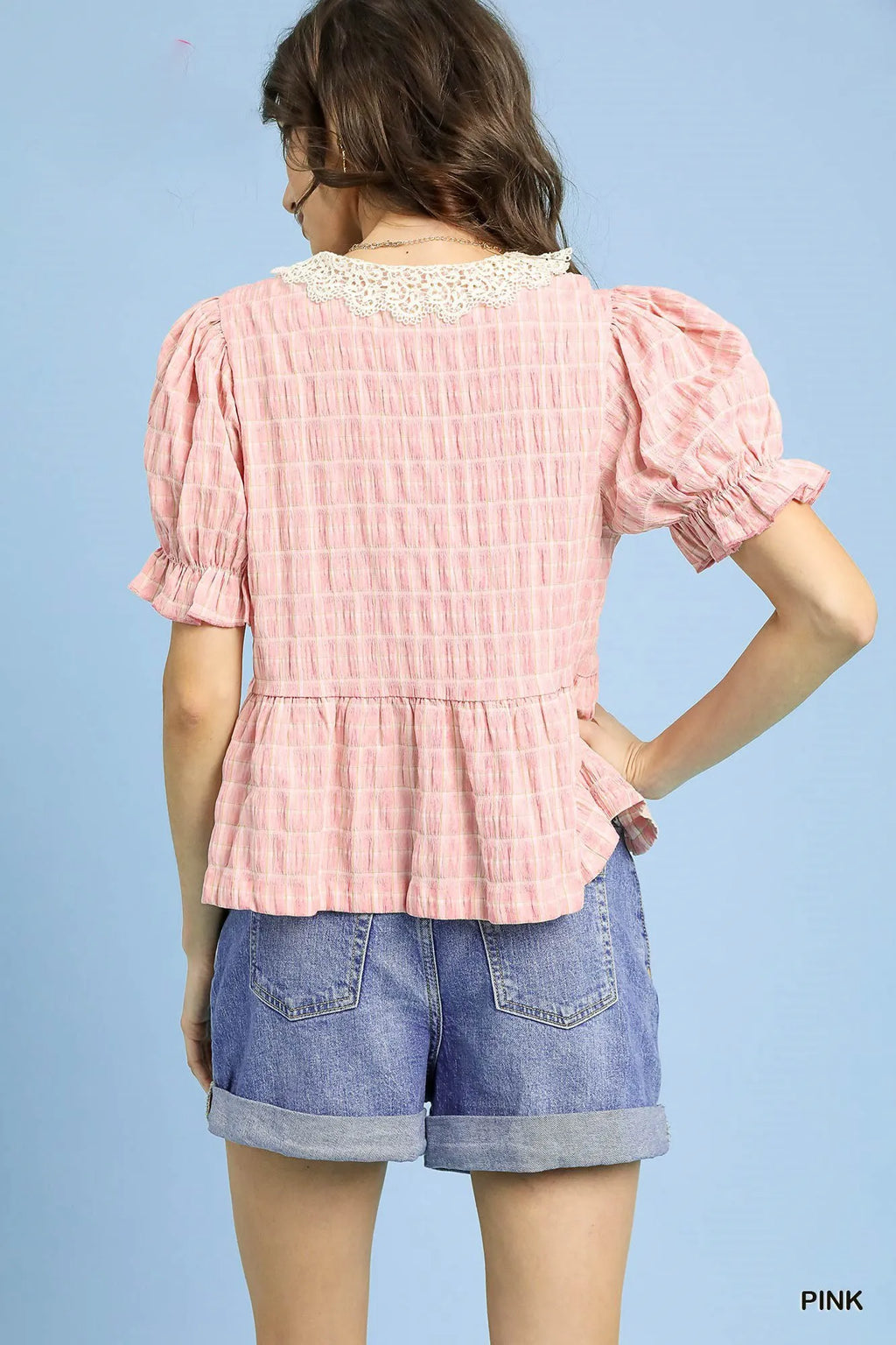 Umgee Blouse Pink Ruffled Short Sleeve Gingham Lace Peplum Smocked Top 349a2dd7-101d-4e14-8068-b284b92211e4-Max-Origin Trendsi