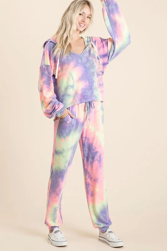 BiBi Activewear Set Tie Dye Hoodie Long Sleeve French Terry Top and Sweatpants
