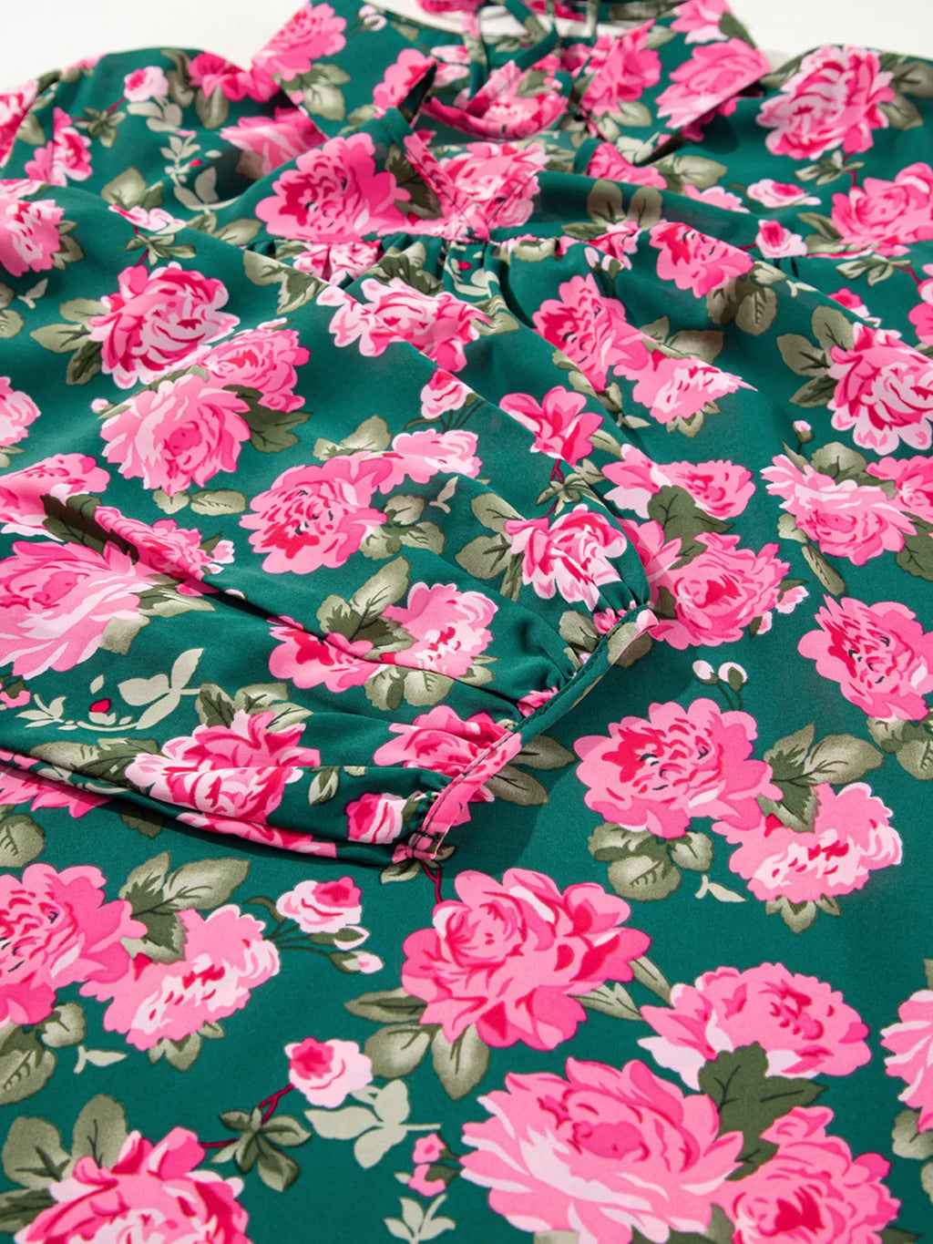 Women's Blouse Floral Pink Printed Tassel Tied Collar Puff Long Sleeve Top 34ad42543ee94c78a144200f128563fe-Max-Origin Trendsi