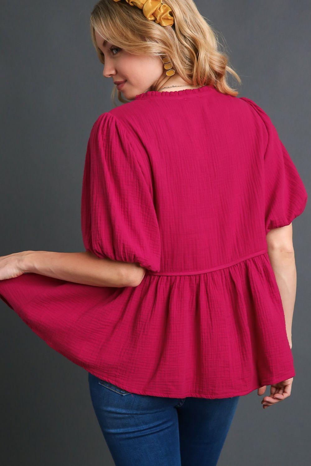 Umgee Babydoll Blouse Deep Rose Cotton Gauze Floral Embroidery Short Sleeve 34af1c10-016e-4820-a241-2f06b73db28a-Max Trendsi