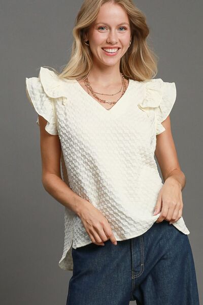 Umgee Textured Jacquard Blouse V-Neck Ruffle Short Sleeve Cream Top Cream 34b4155f-1779-4c28-bc09-5ddcb522bd8f-Min Trendsi