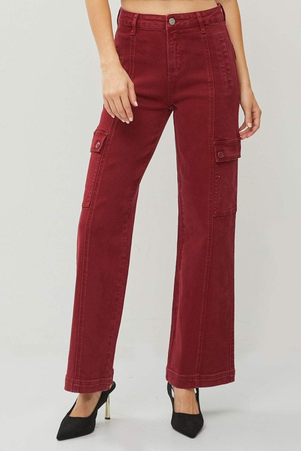 RISEN Wide Leg Cargo Jeans Burgundy High Waist Women Cotton Denim Pants Pocketed 34b4b353-221c-4575-80ff-24f0f0e4d84d-Max Trendsi
