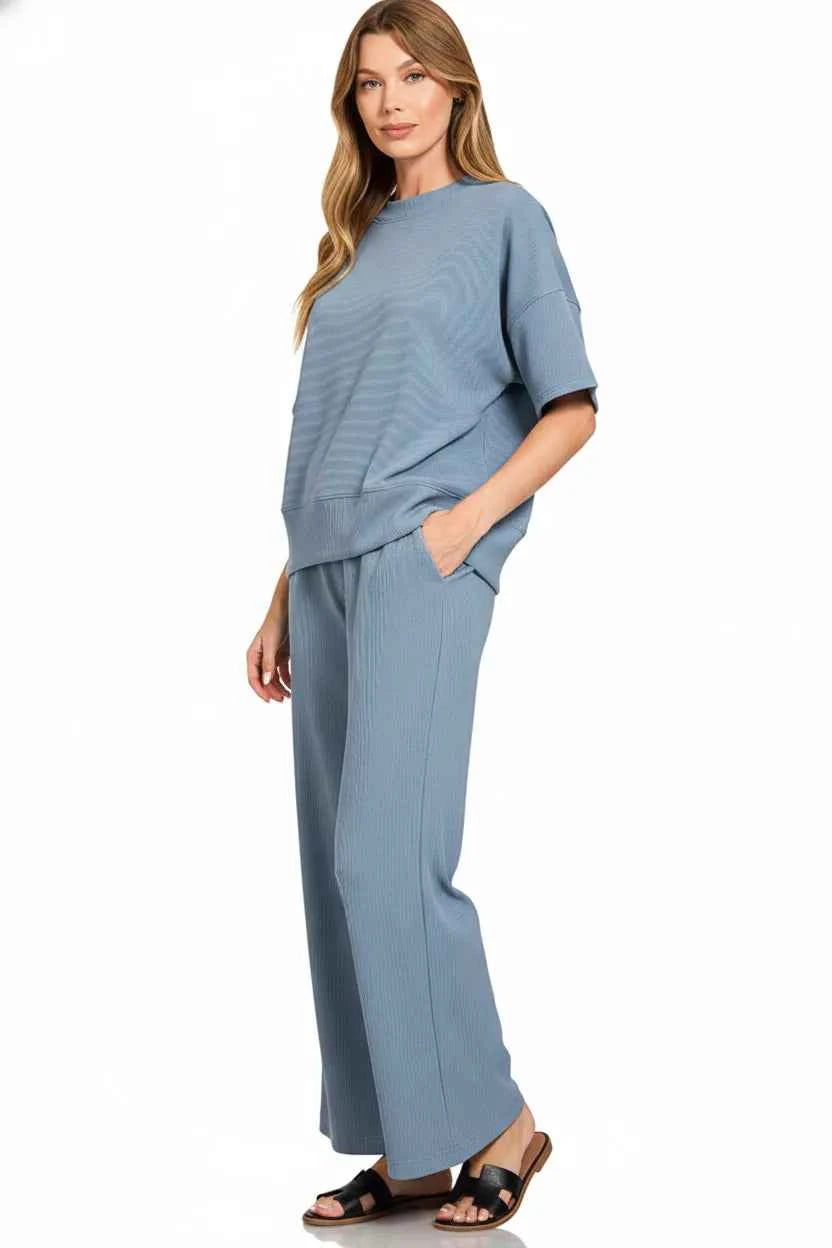 Zenana Ribbed Round Neck Tee & Pants Set