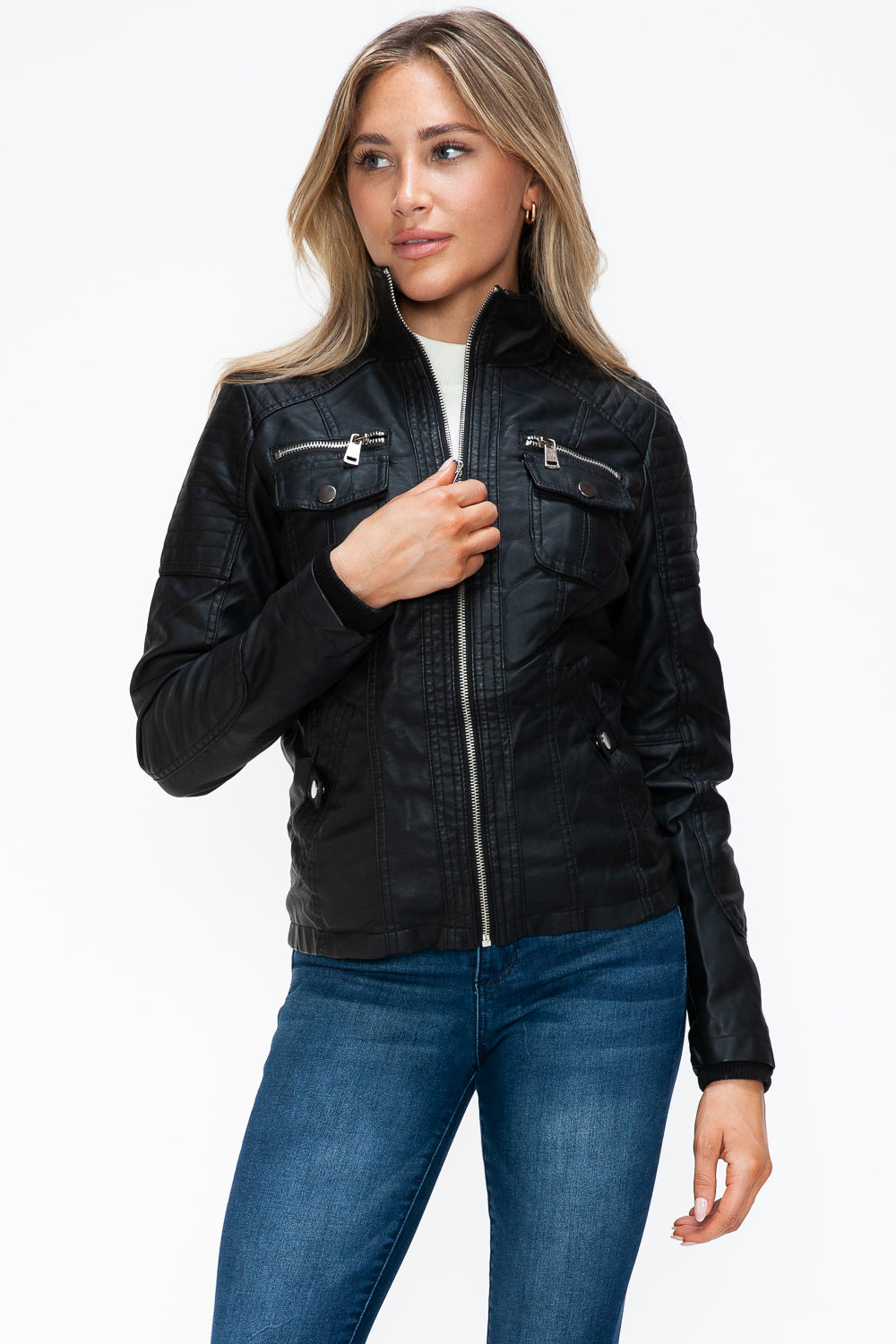 YMI Women Jacket Black Faux Leather Removable Fuzzy Hood Layered Biker