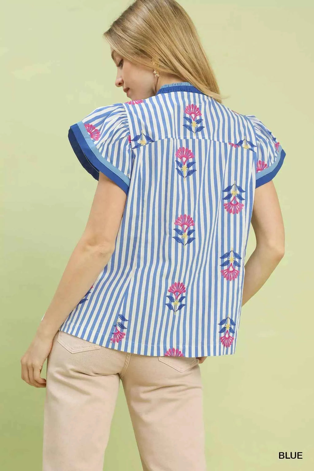Umgee Blouse Blue Striped Floral Embroidered Flutter Short Sleeve Top 34ba8601-b157-4fc4-8bbc-c02e9381d7b7-Max-Origin Trendsi