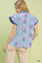 Umgee Blouse Blue Striped Floral Embroidered Flutter Short Sleeve Top 34ba8601-b157-4fc4-8bbc-c02e9381d7b7-Max-Origin Trendsi
