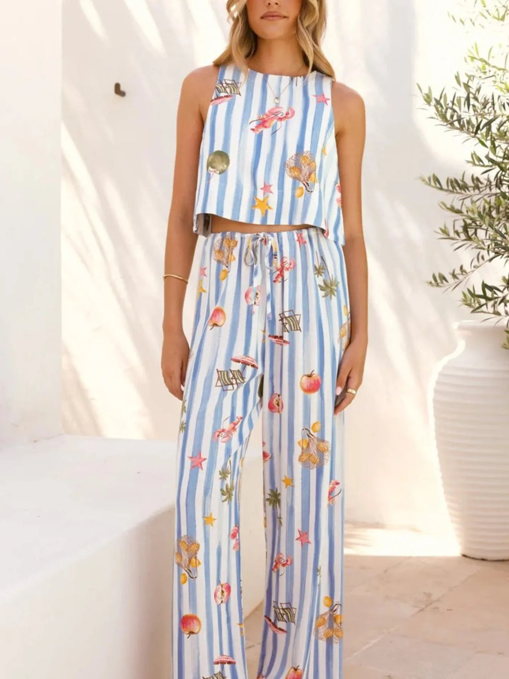 Women's Outfit Set Blue Summer Printed Stripe Tank Top and Pants Two-piece 34c00dcd858747b49f3a52f875a80de6-Max-Origin Trendsi