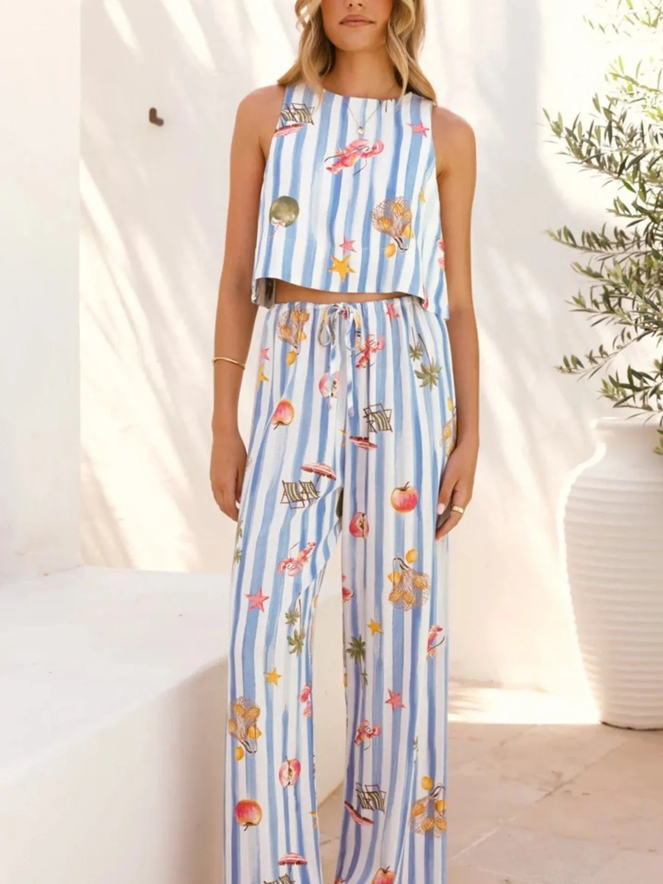 Women's Outfit Set Blue Summer Printed Stripe Tank Top and Pants Two-piece 34c00dcd858747b49f3a52f875a80de6-Max-Origin Trendsi