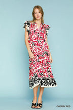 Umgee Midi Dress Red Paisley Printed Ruffled Cap Short Sleeve Tiered 34c505c1-f7c8-46a7-8ad1-ddab225da465-Max-Origin Trendsi