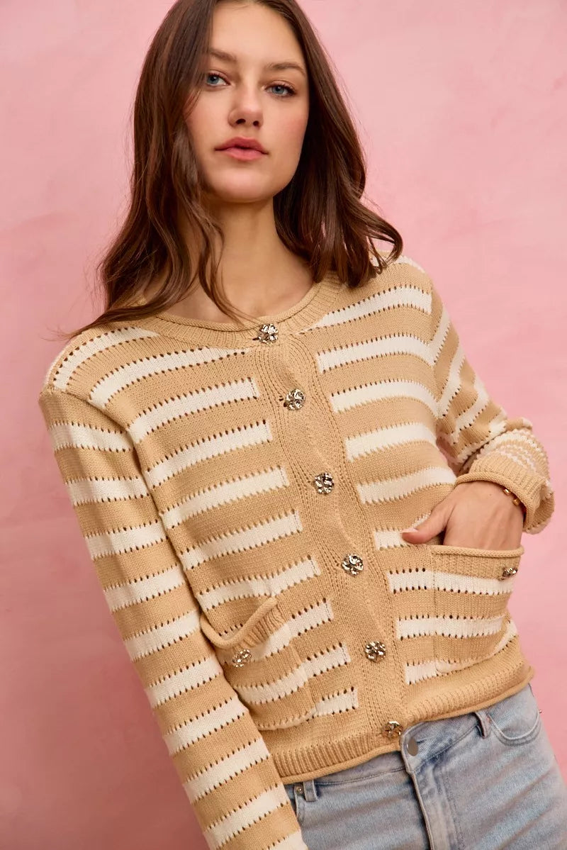 SO ME Women Sweater Cardigan Stripe White Beige Long Sleeves Buttoned 34caf22bafb346a095dafeb1db9357c7-Max-Origin Trendsi