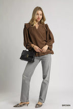 Umgee Womens Blouse Brown Ruffle Shoulder Long Sleeve Top 34cb56c9-22d4-45e5-9486-de5b2440a717-Max-Origin Trendsi