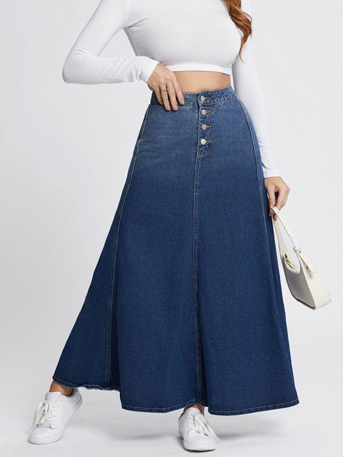 Midi Denim Skirt Button-Fly Hight Rise Flared A-Line