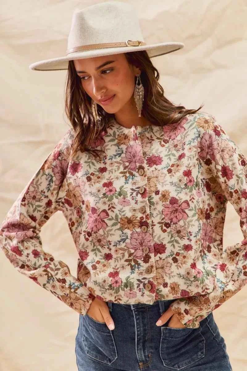 SO ME Floral Print Button Front Sweater Cardigan