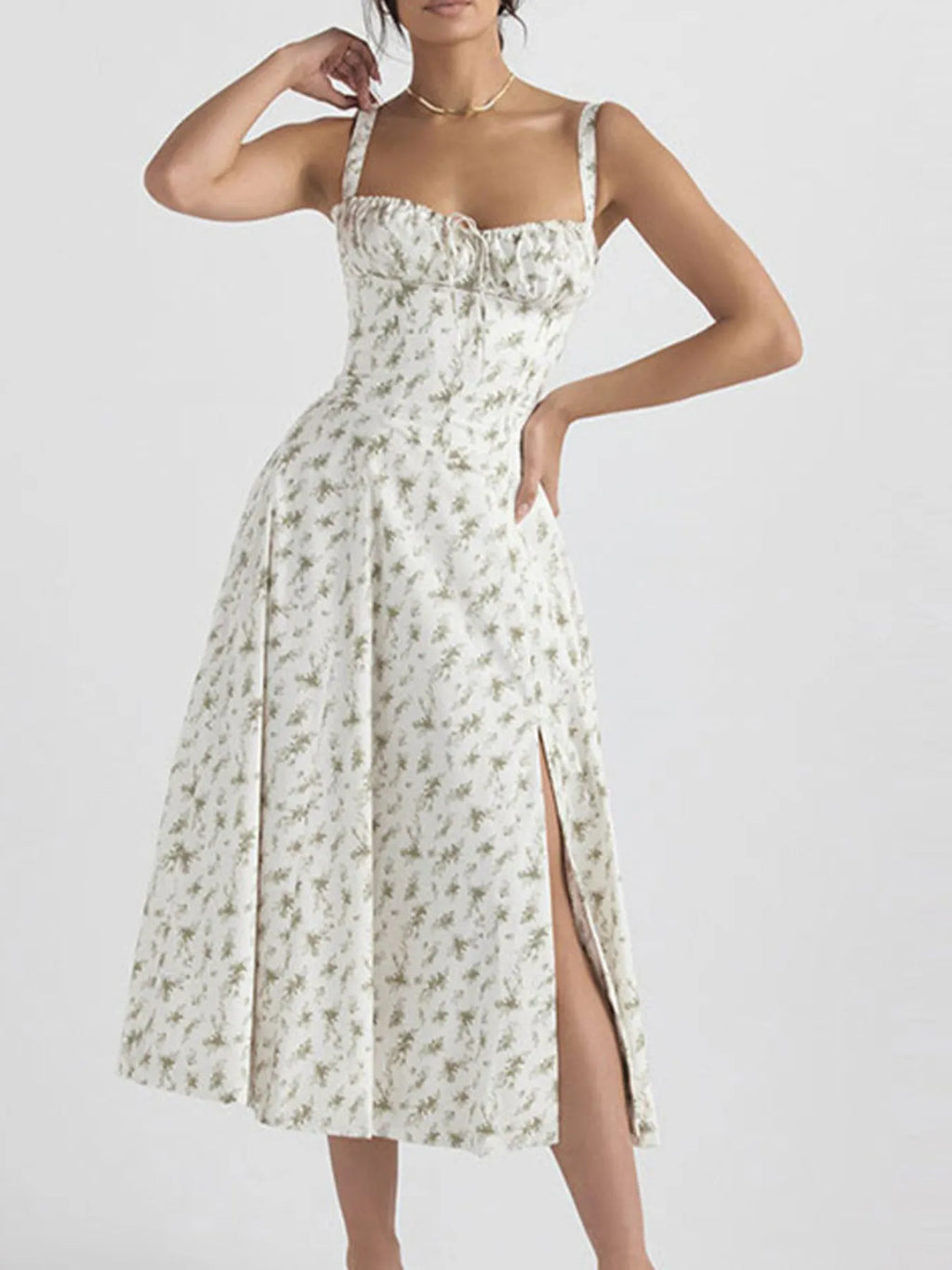 Midi Cami Dress Side Slit Sweetheart Tied Neck Floral with Straps S-3XL Matcha Green 34d19b617a5348f5b6b5e286d5587e81-Max-Origin Trendsi