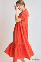 Umgee Midi Dress Red Short Puff Sleeve Lace-Trim Ruffled 34d66e79-294a-4e21-9afa-7f672bd0e258-Max-Origin Trendsi
