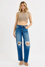 RISEN Boyfriend Jeans Women's Mid Waist Knee Distressed Straight Leg Denim 34dad0be81d443e08b3020346d56b66b-Max-Origin Trendsi