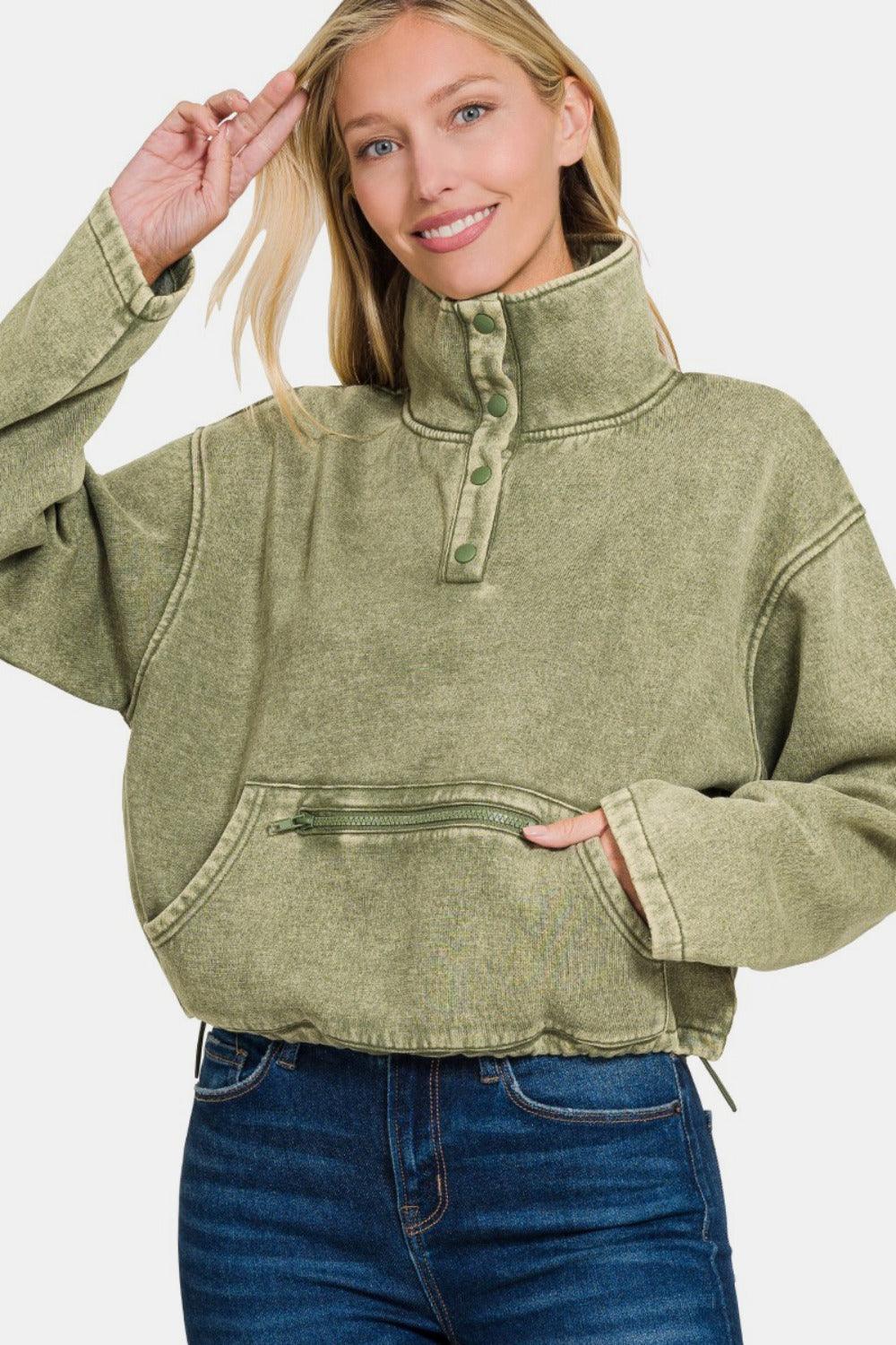 Zenana Sweatshirt Olive Acid Wash Fleece Half Snap with Pocket