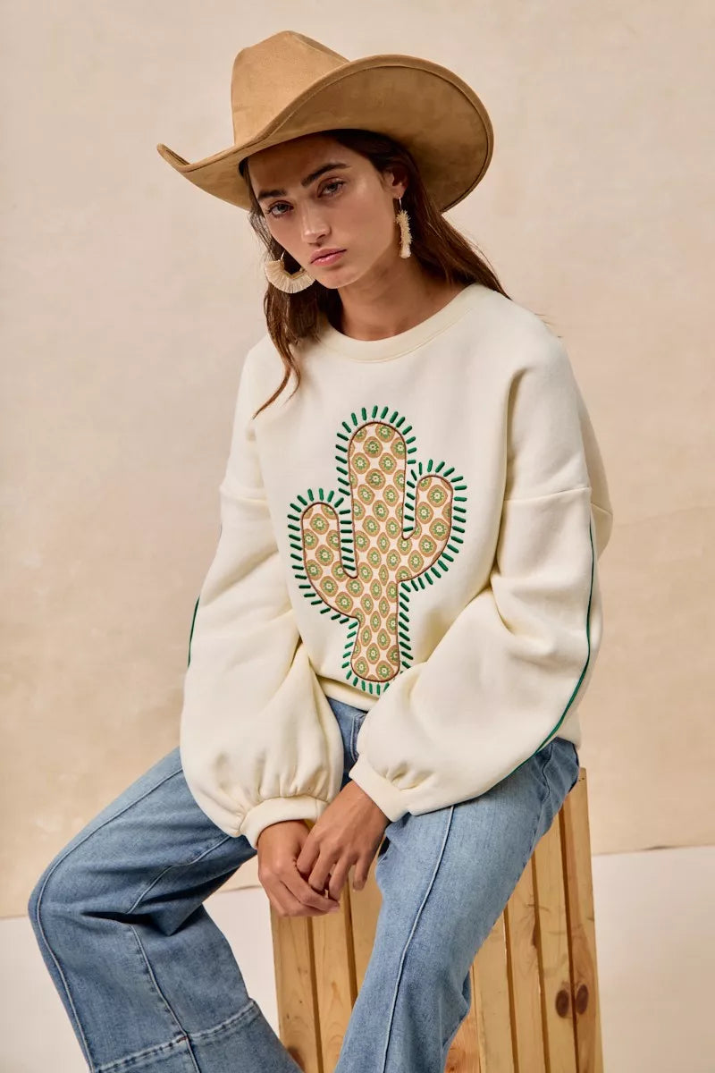 BiBi Womens Sweatshirt Cactus Embroidered Cream Fleece Pullover 34e1866fc98449dca9d61b98ad516b1d-Max-Origin Trendsi