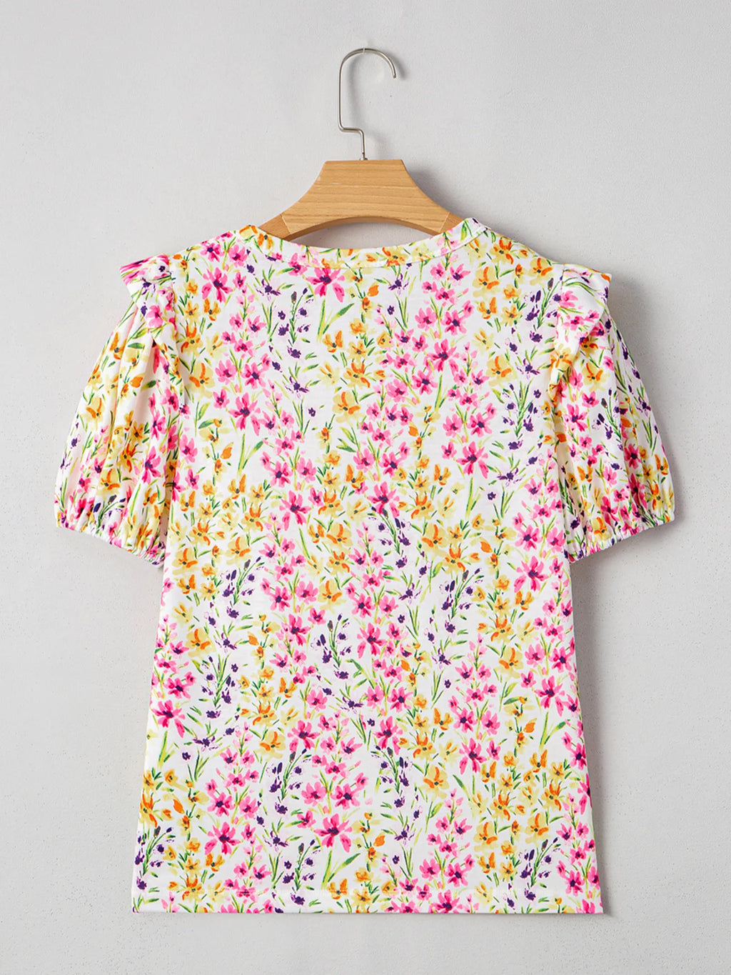 Floral Women's Blouse Puff Short Sleeve Crewneck Casual Ruffle Top 34e728de98b848a19e4dd9eb2dd4d7a3-Max-Origin Trendsi