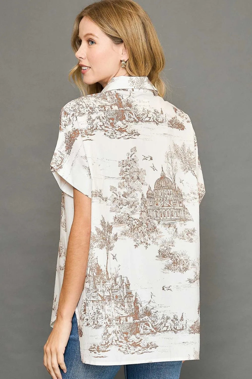 Umgee Shirt Khaki Two Tone Print Short Sleeve Cotton Top 34f0a647-84d0-4aab-8c9c-87dea5c64cbb-Max-Origin Trendsi